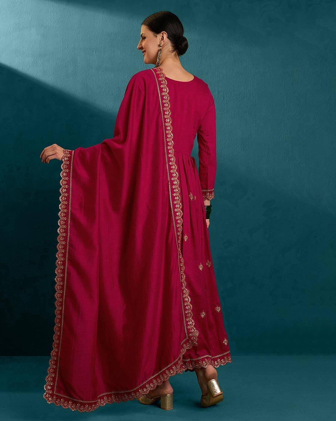 Aromie three piece silk blend kurta set in deep magenta with golden embroidery and matching dupatta