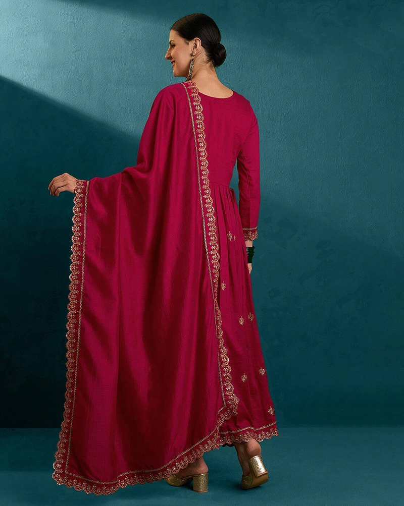 Aromie three piece silk blend kurta set in deep magenta with golden embroidery and matching dupatta