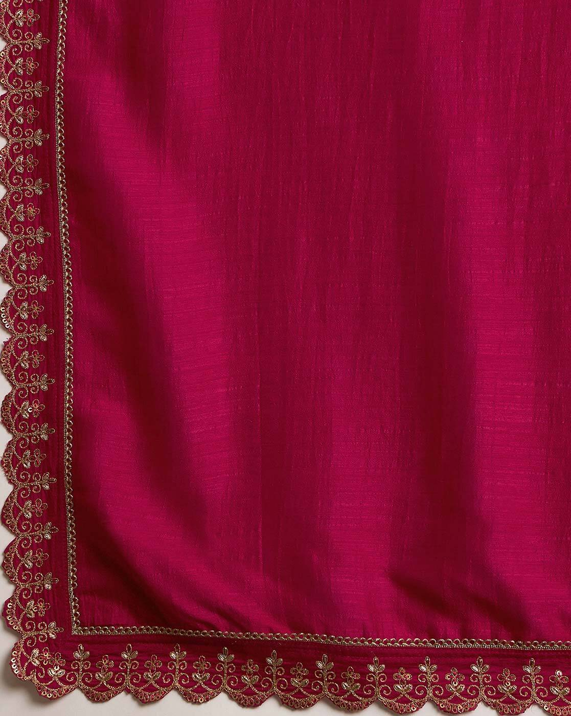 Aromie three piece silk blend kurta set with rich maroon fabric and intricate gold embroidered border