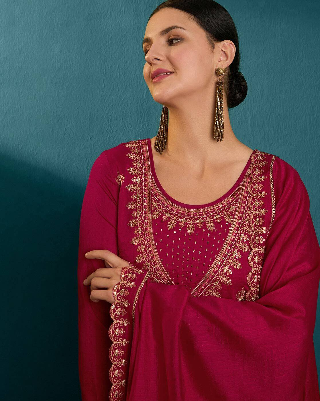 Aromie three piece silk blend kurta set in deep pink with intricate gold embroidery and matching dupatta