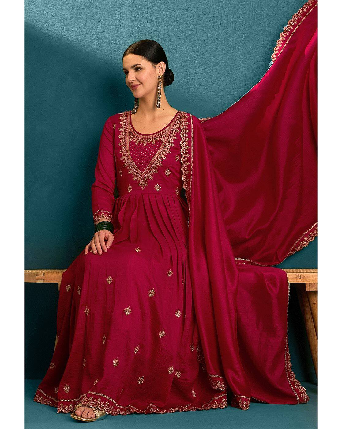 Aromie three piece silk blend kurta set in deep red with intricate gold embroidery and matching dupatta