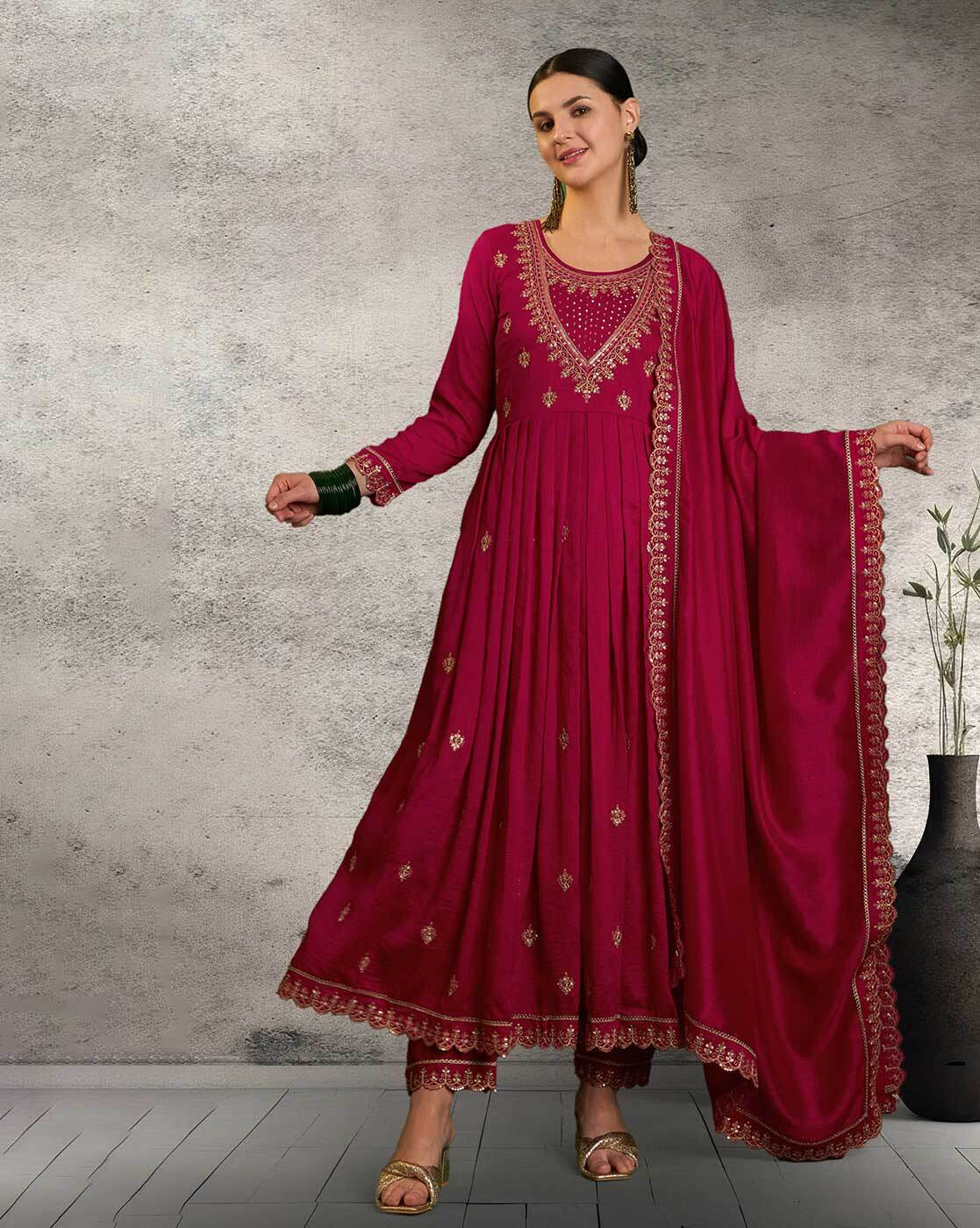 Aromie three piece silk blend kurta set in deep maroon with intricate embroidery and matching dupatta