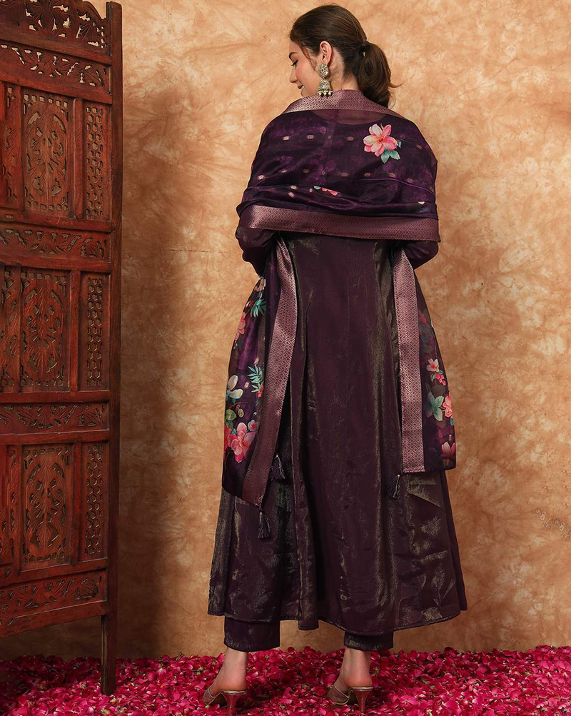 Aromie three piece soft cotton kurta set Canada in deep purple with floral dupatta and matching pants