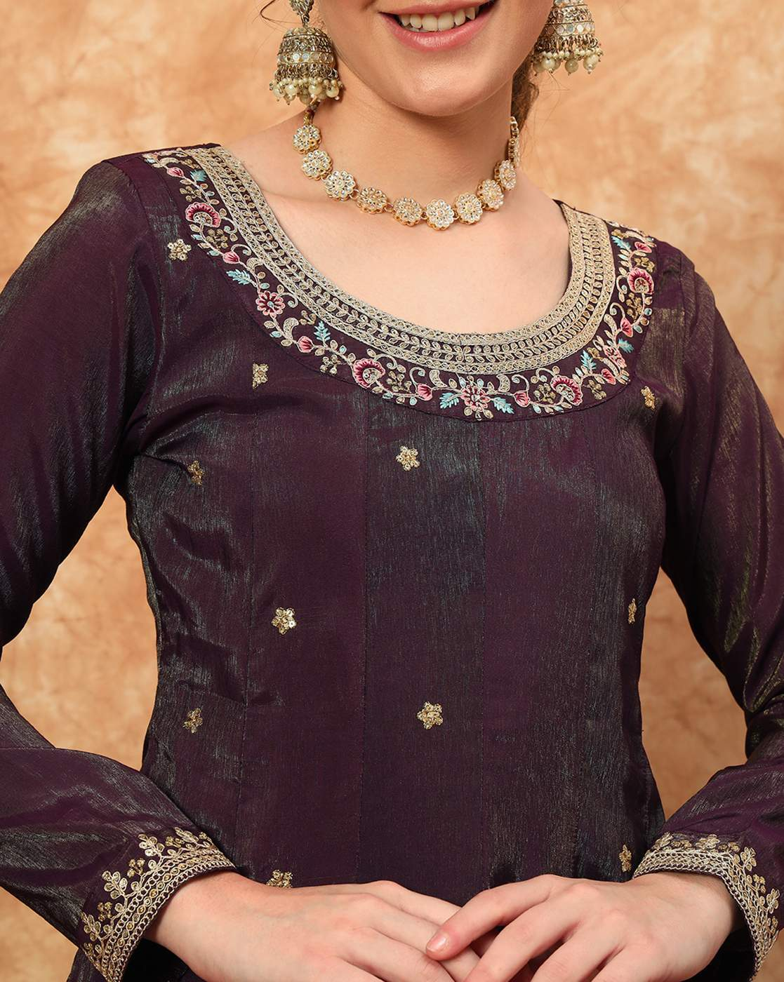 Aromie three piece soft cotton kurta set Canada with intricate embroidery and detailed neckline design