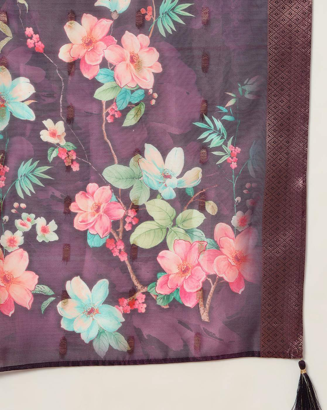 Aromie three piece soft cotton kurta set Canada with floral patterns on purple fabric