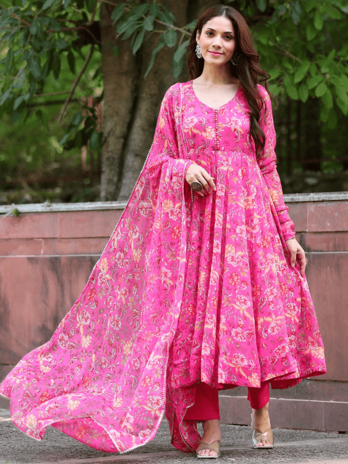 Vibrant Floral Anarkali Kurta Set – Georgette Kurta with Pant & Dupatta for Casual Wear - aromie
