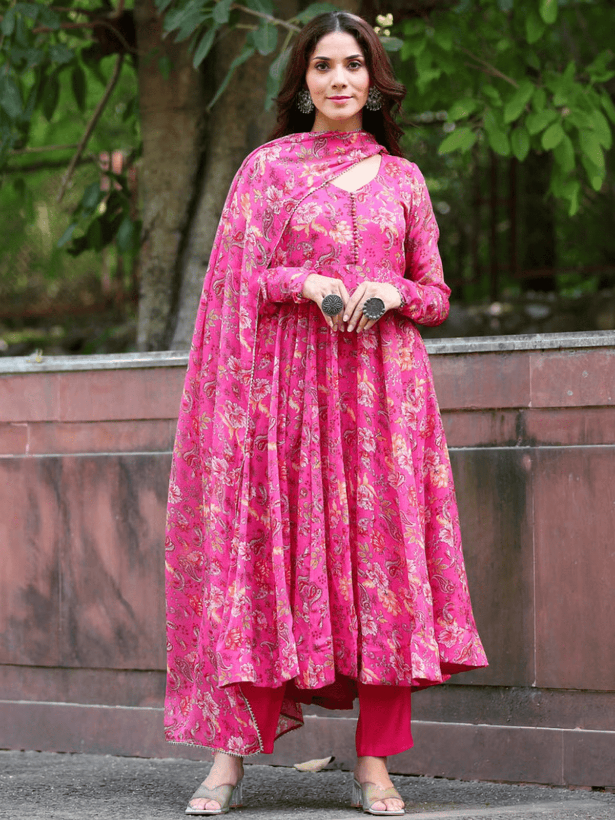 Vibrant Floral Anarkali Kurta Set – Georgette Kurta with Pant & Dupatta for Casual Wear - aromie