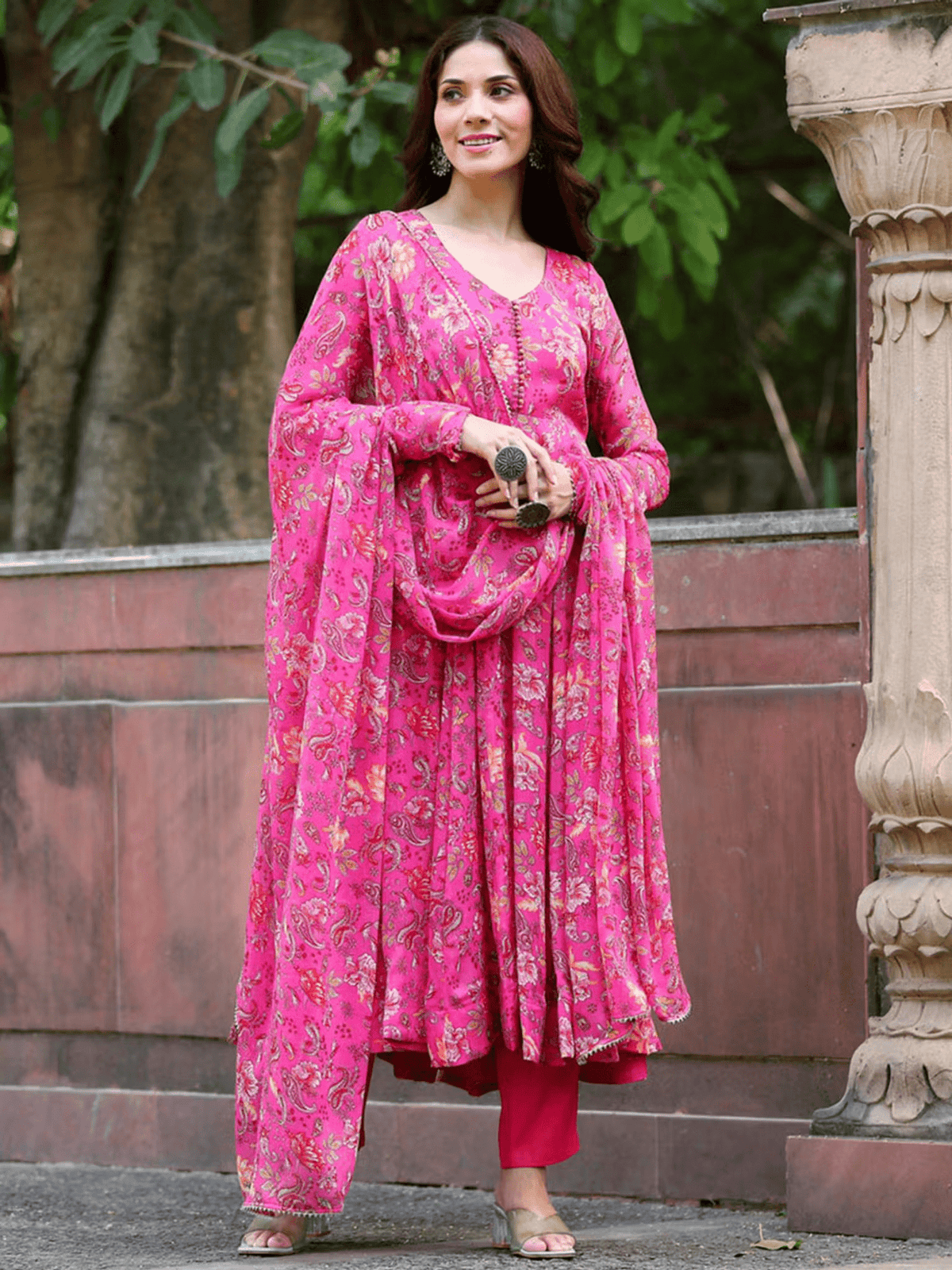 Vibrant Floral Anarkali Kurta Set – Georgette Kurta with Pant & Dupatta for Casual Wear - aromie