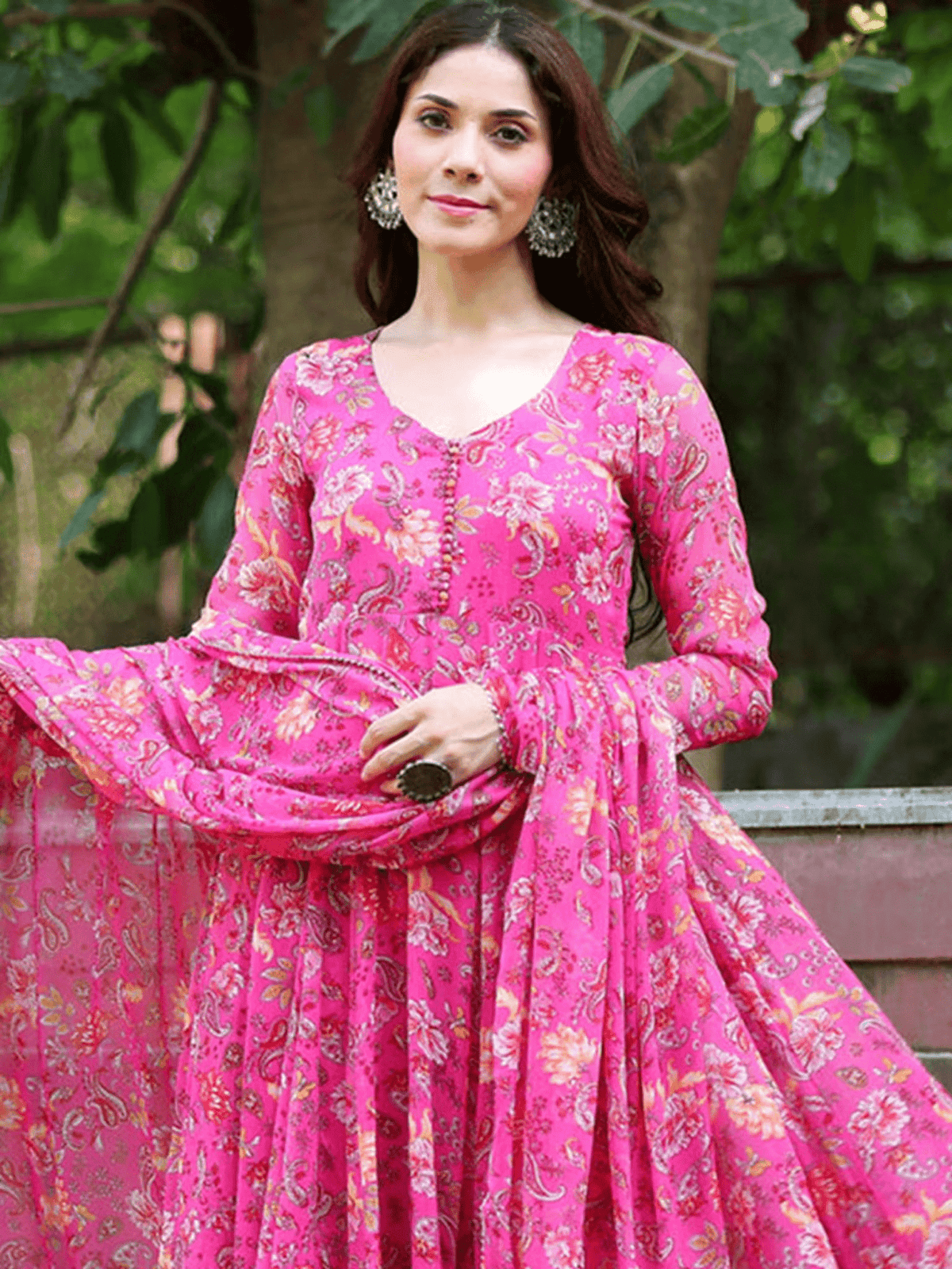 Vibrant Floral Anarkali Kurta Set – Georgette Kurta with Pant & Dupatta for Casual Wear - aromie