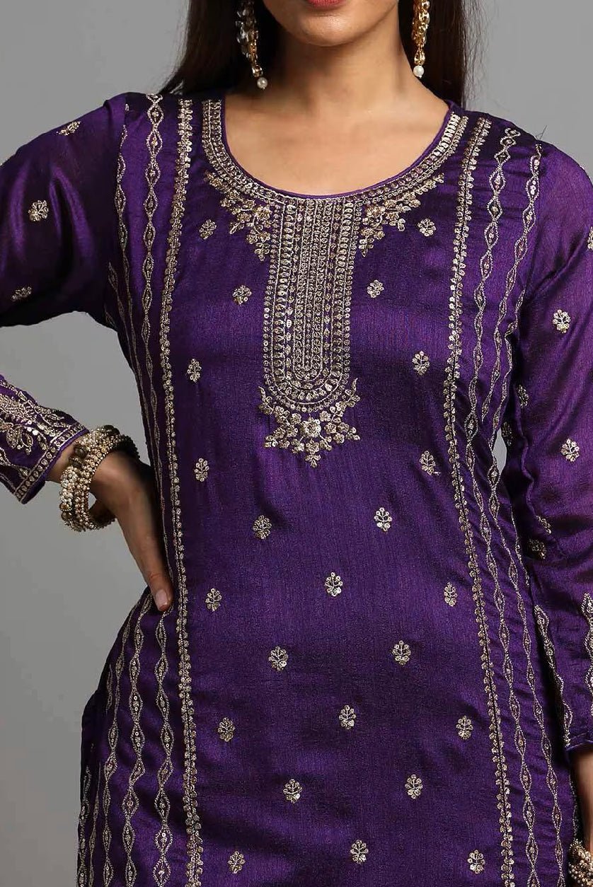 Purple Vichitra silk kurta set Canada with intricate embroidery and embellishments for festive occasions