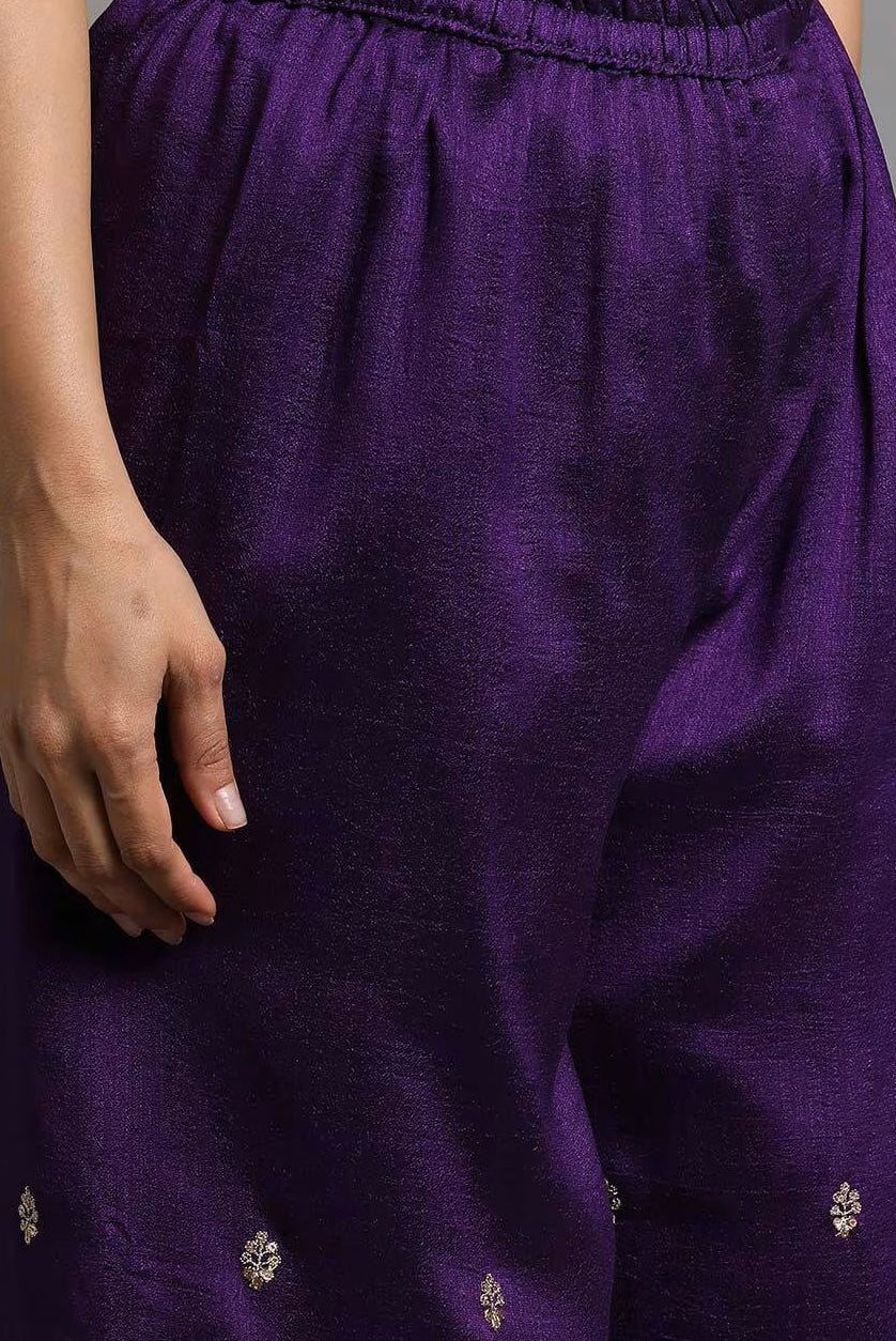 Elegant Vichitra silk kurta set Canada featuring rich purple fabric and intricate embroidery details.