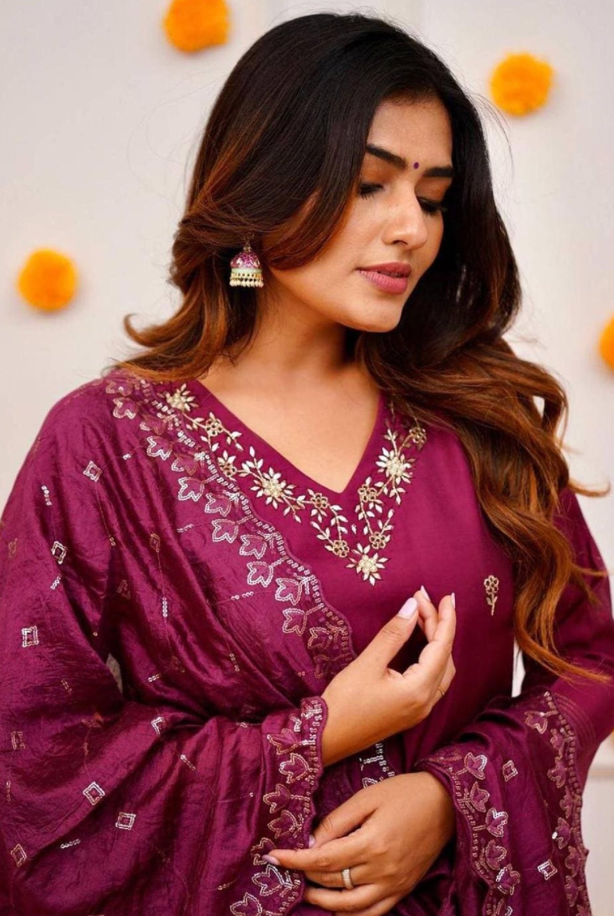 Elegant Viscose Chanderi Kurta Set in maroon with intricate embellishments for festive occasions