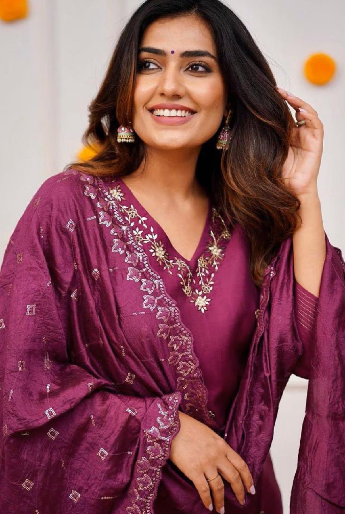 Viscose Chanderi Kurta Set in rich maroon with intricate embroidery and elegant design
