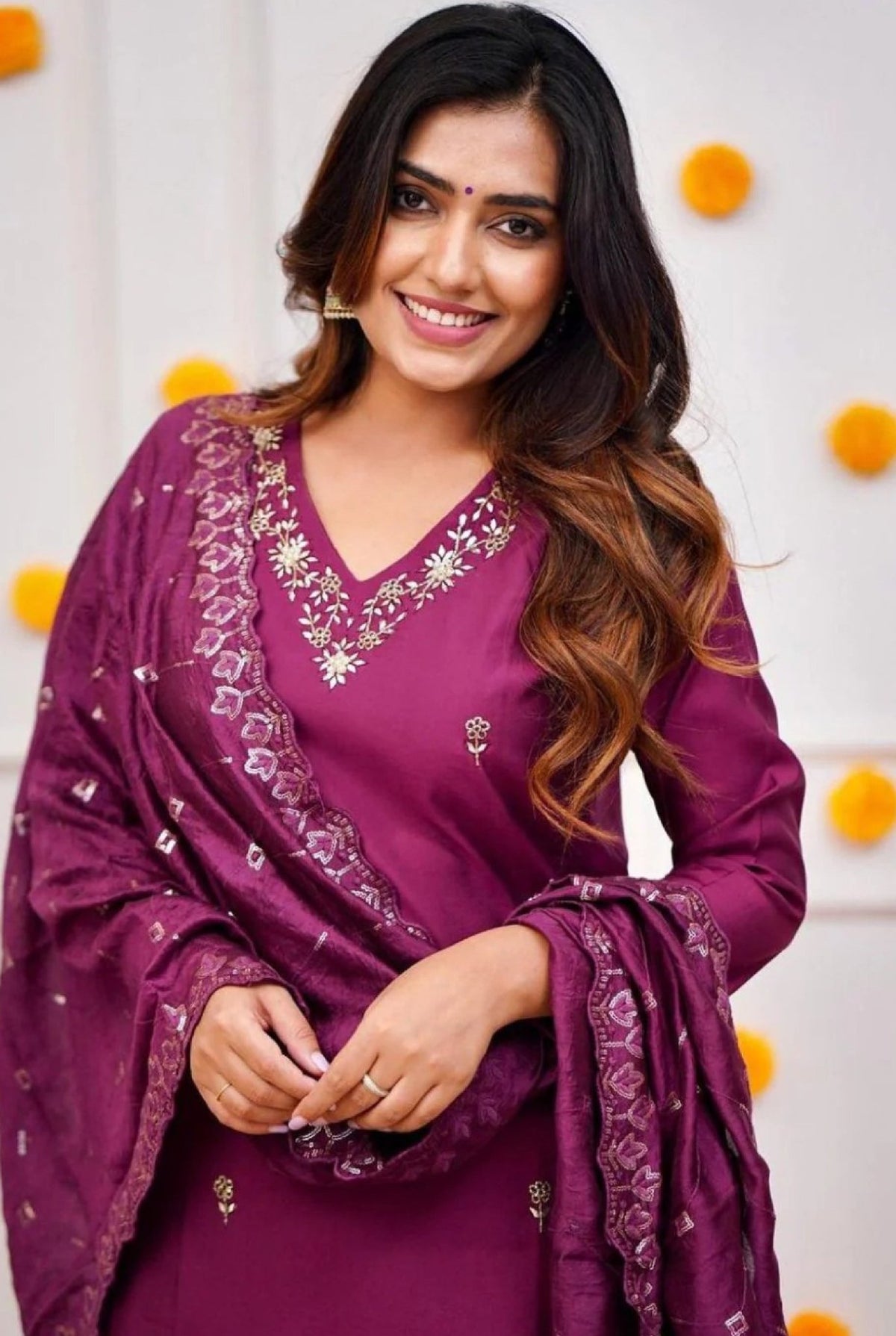 Aromie Viscose Chanderi Kurta Set in deep purple with elegant embroidery and a matching dupatta