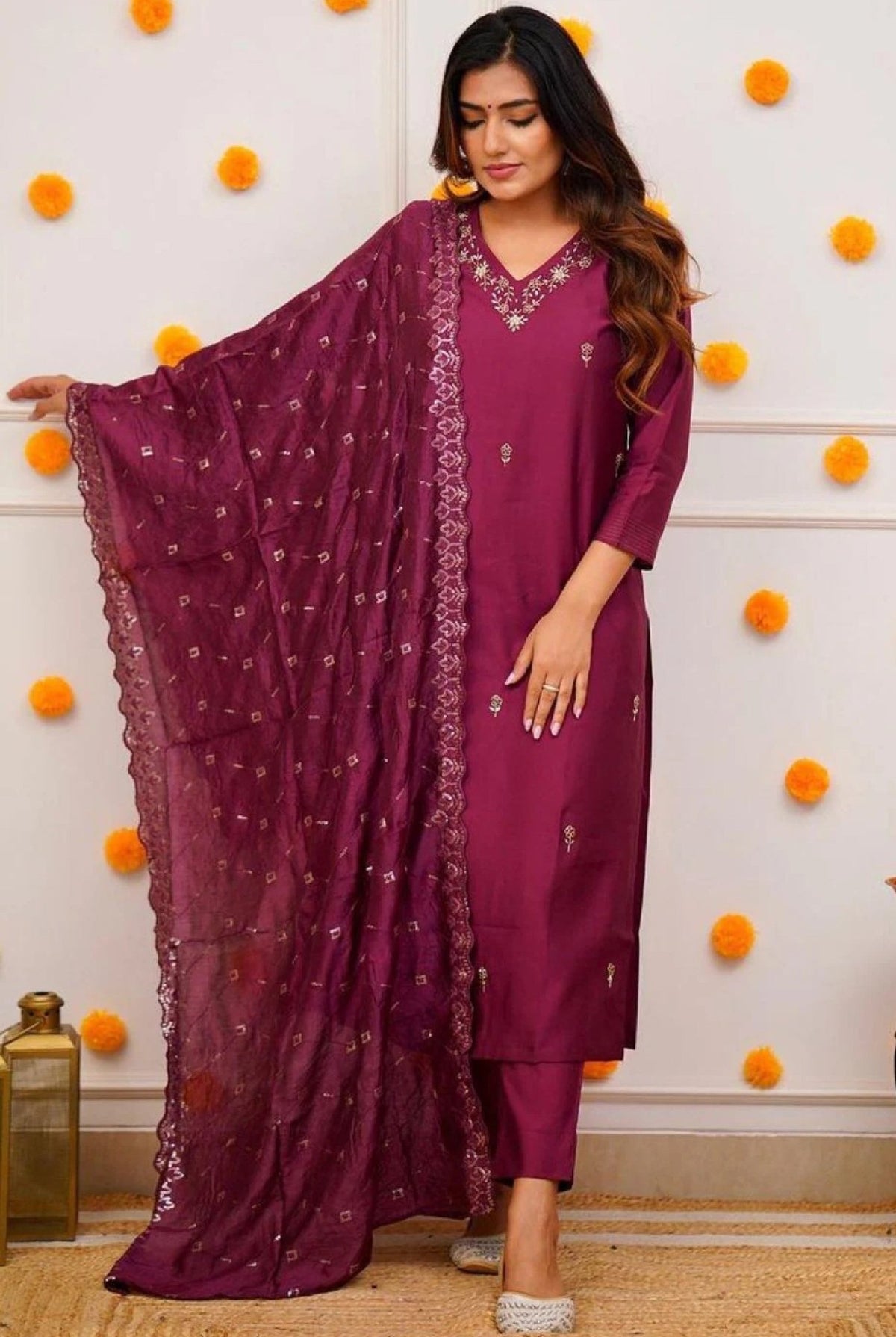 Aromie Viscose Chanderi Kurta Set in deep purple with embellished dupatta and matching pants