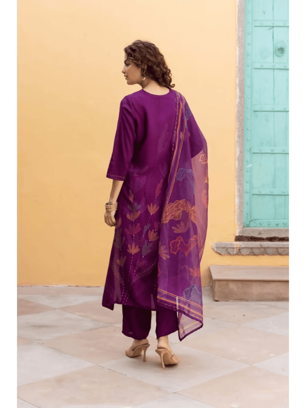 Viscose embellished kurta set in purple with a flowing dupatta and stylish design for modern elegance