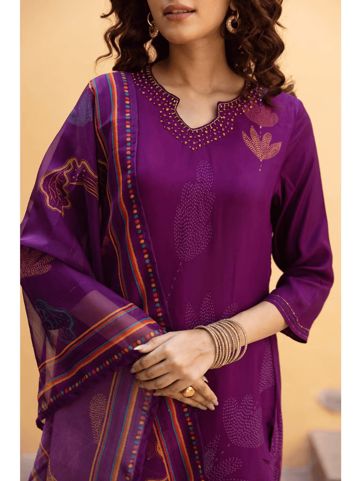 Aromie viscose embellished kurta set in purple with intricate detailing and a matching dupatta