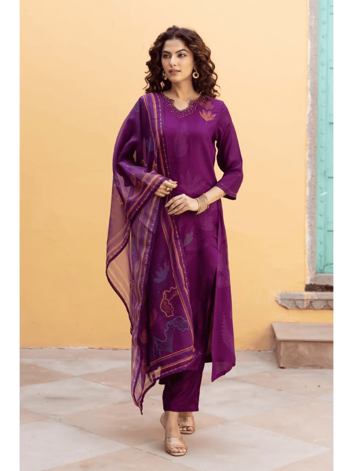Aromie viscose embellished kurta set in purple with matching dupatta and elegant design details