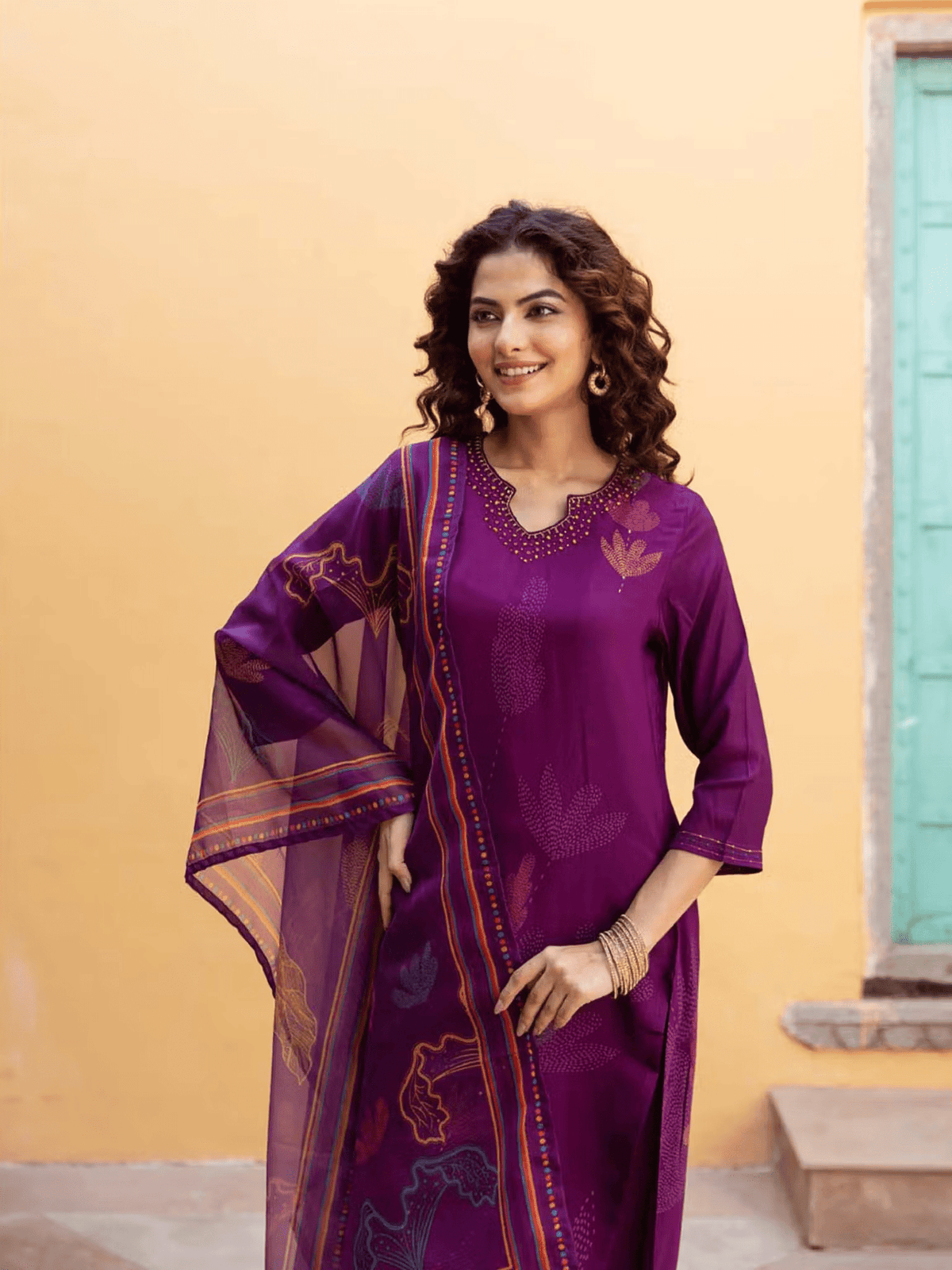 Aromie viscose embellished kurta set in purple with elegant floral designs and long sleeves
