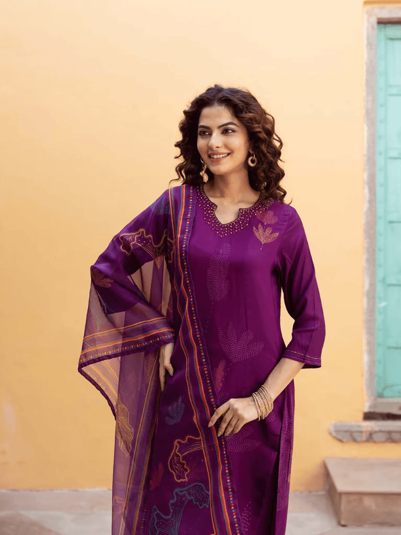 Aromie viscose embellished kurta set in purple with elegant floral designs and long sleeves