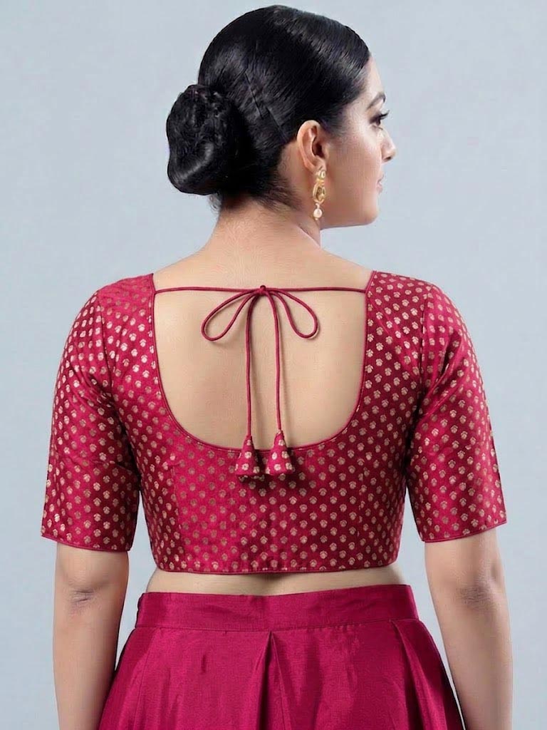 Dark Pink  foil print Saree Blouse with Elbow Sleeves (Copy)