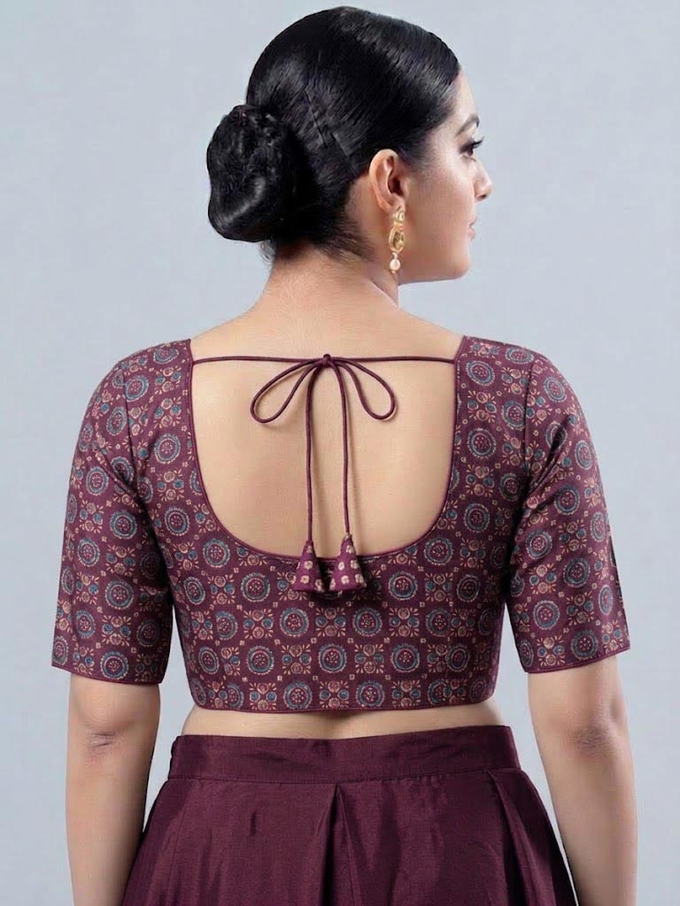 Wine  printed Saree Blouse with Elbow Sleeves
