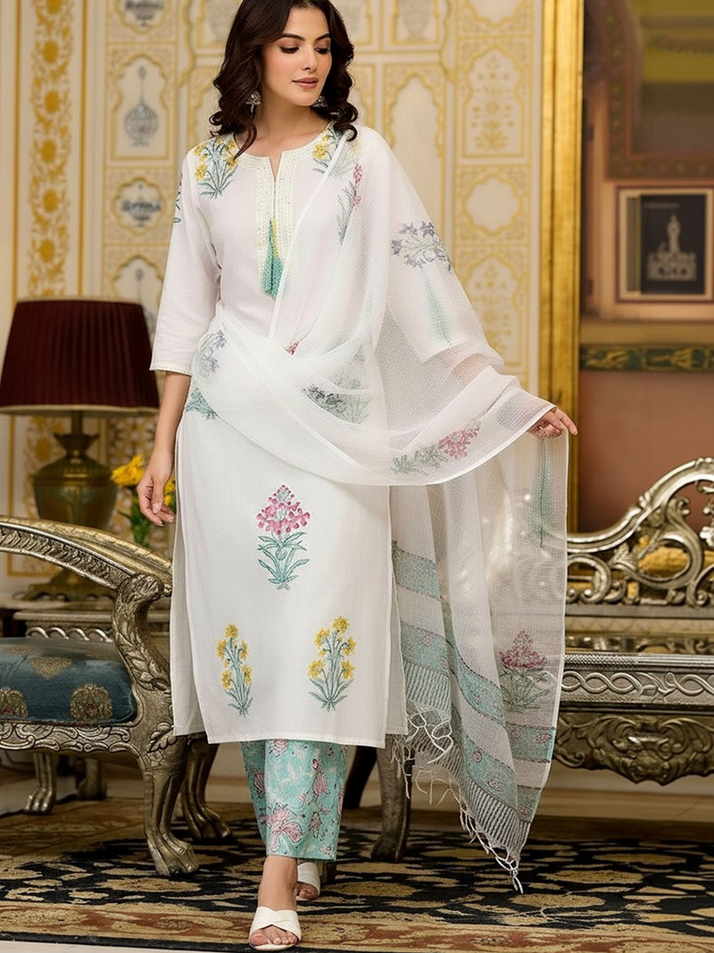 Elegant white printed kurta trouser set with dupatta, featuring floral embroidery, ideal for festive occasions.