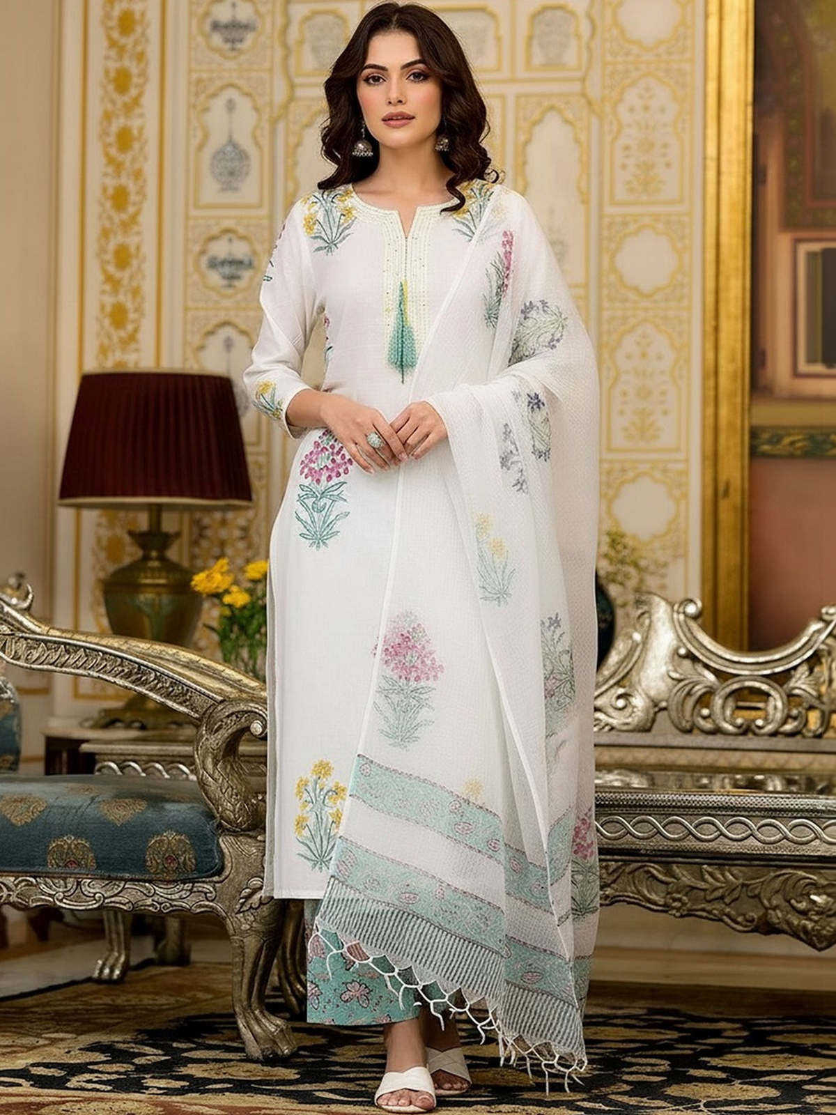 Aromie white printed kurta trouser set with dupatta featuring floral designs, perfect for casual or festive occasions.