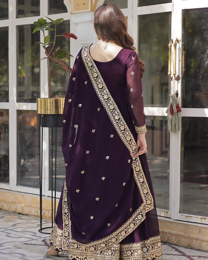 Elegant wine embroidered gown with dupatta, featuring intricate detailing, perfect for festive occasions