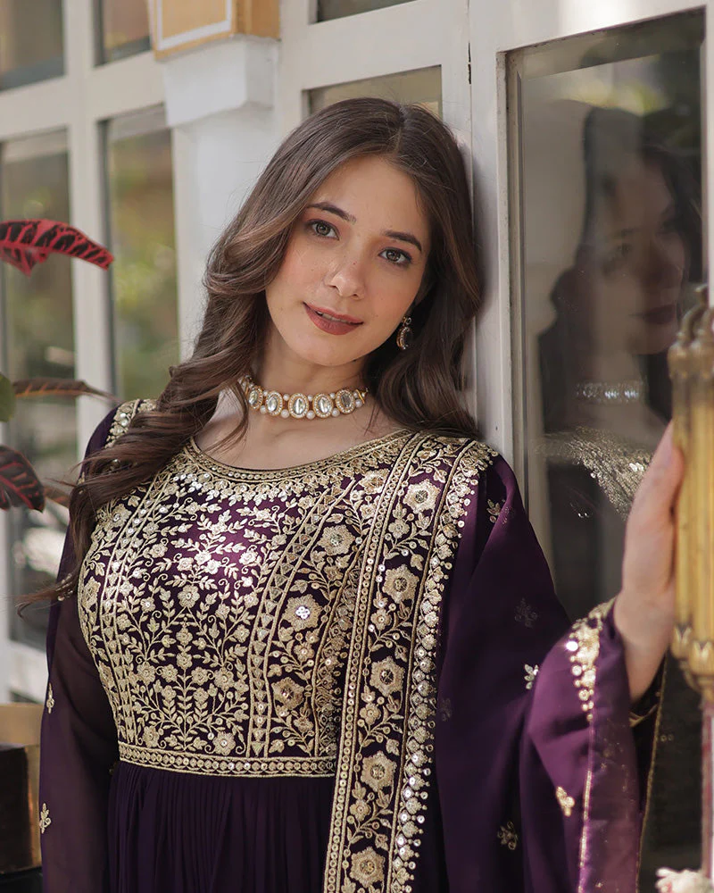 Wine embroidered gown with dupatta from aromie, featuring intricate designs for festive occasions
