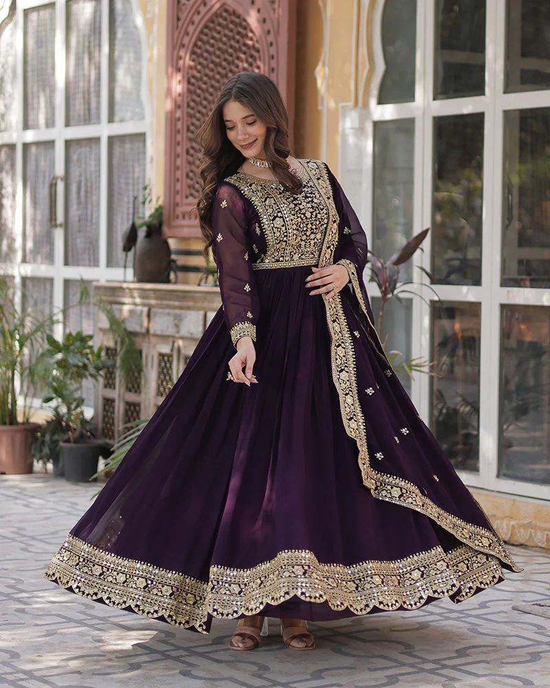 Wine embroidered gown with dupatta in detailed front view, perfect for festive occasions or weddings