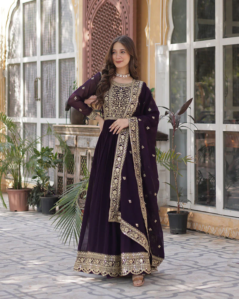 Three piece Kurtha in wine, embroidered fabric with dupatta, ideal for weddings or festive occasions