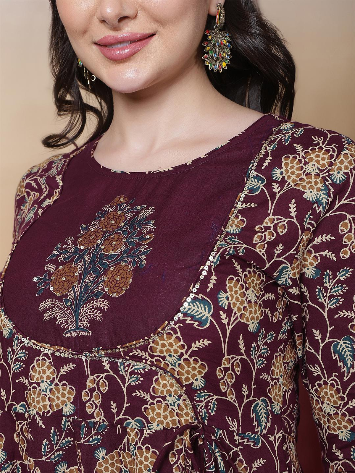 Wine printed Anarkali kurta set in cotton with detailed floral design, perfect for festive occasions