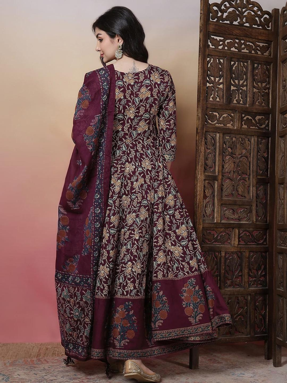 Detailed view of a wine printed Anarkali kurta set made from soft fabric, perfect for festive occasions