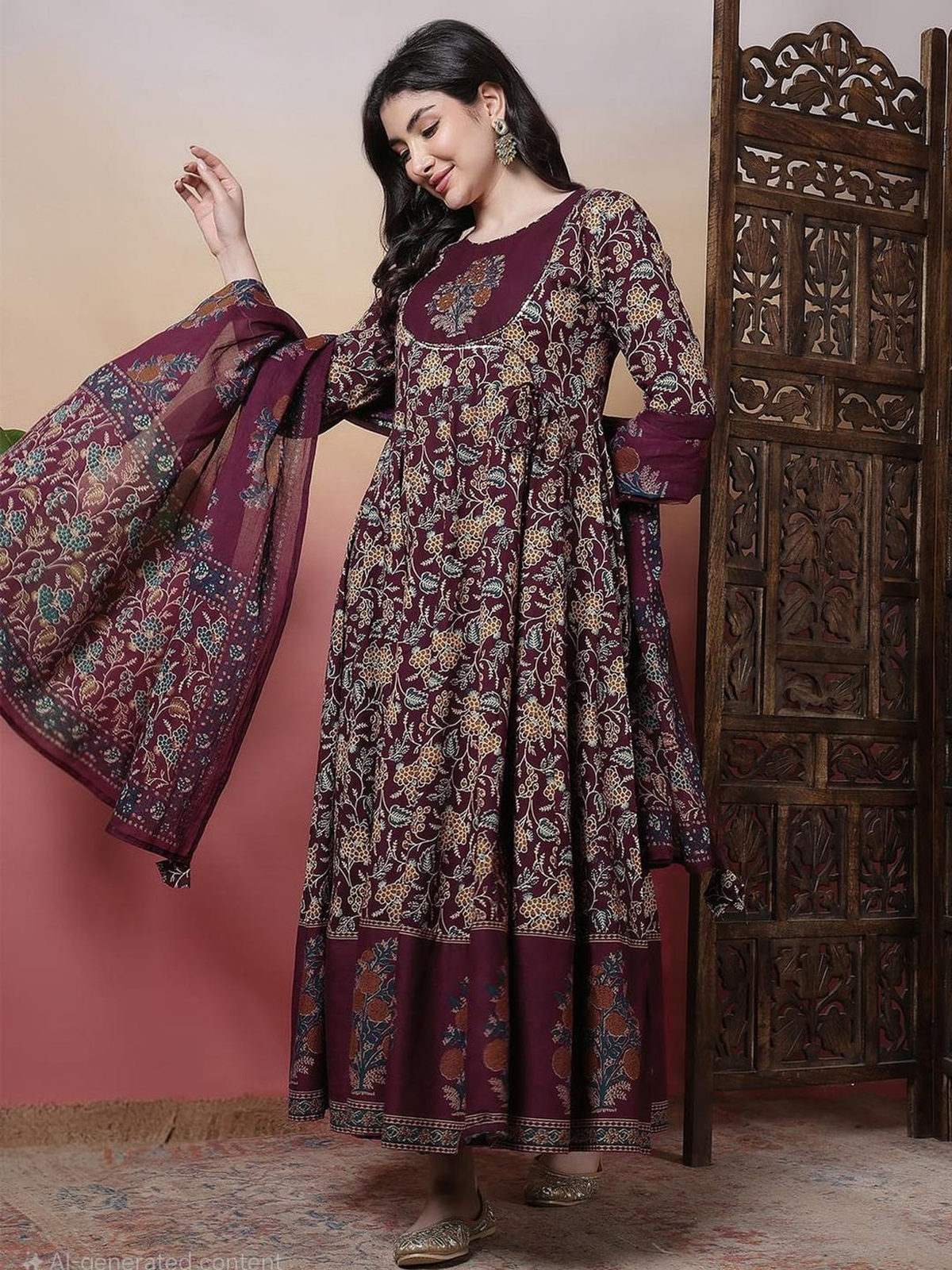 Elegant Wine printed Anarkali kurta set in cotton, featuring front view with detailed floral design, perfect for festive occasions