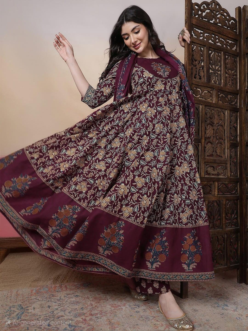 Wine printed Anarkali kurta set with floral design, three-piece outfit perfect for festive occasions and weddings