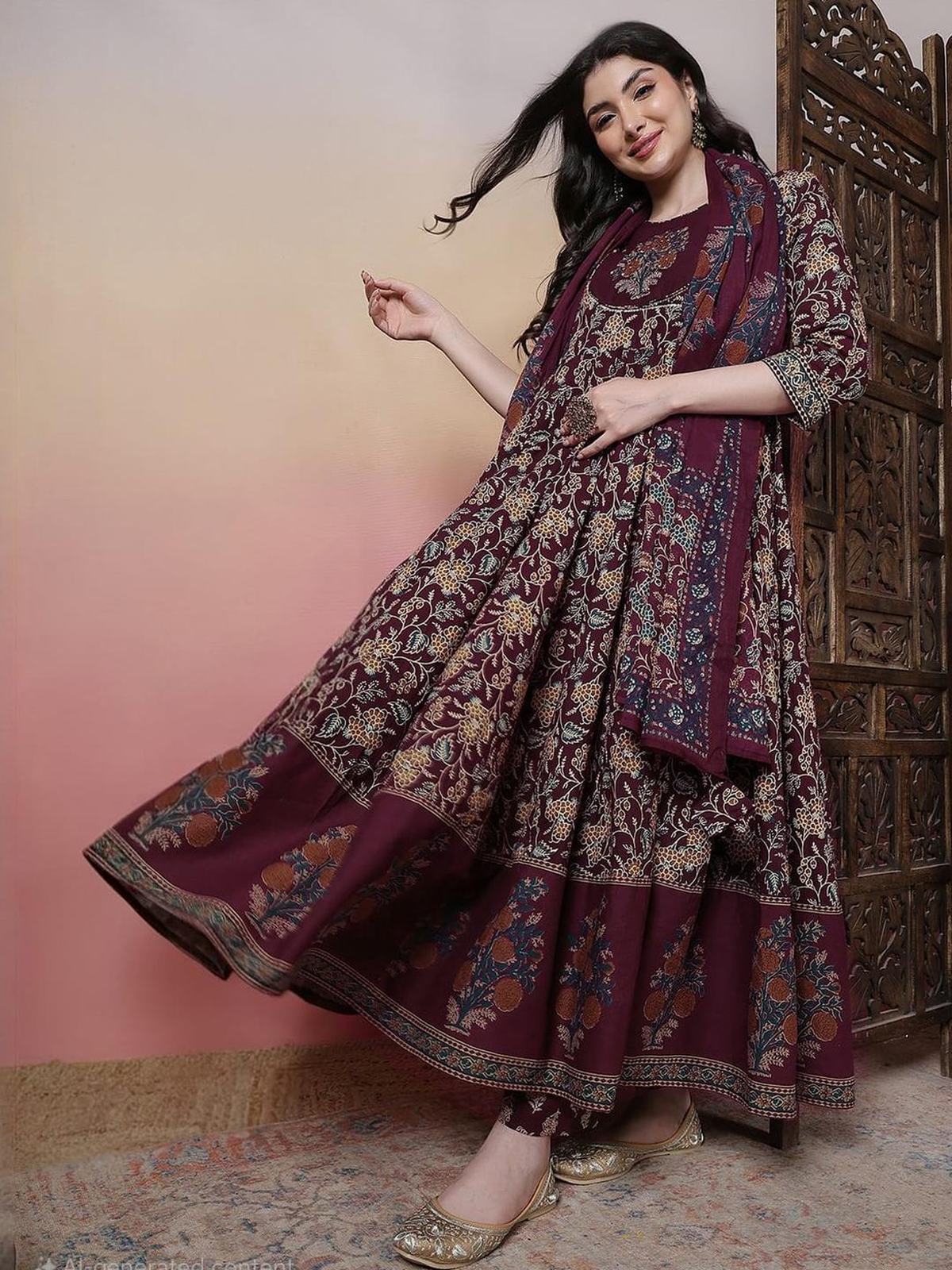 Wine printed Anarkali kurta set in rich fabric, featuring floral patterns, ideal for festive occasions.