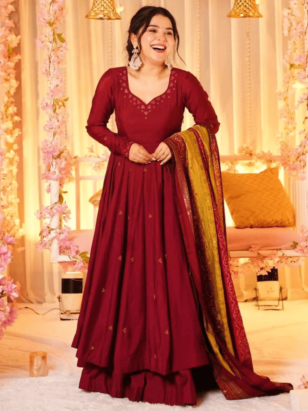 Aromie women's embellished anarkali kurta set in burgundy with intricate embroidery and a matching dupatta