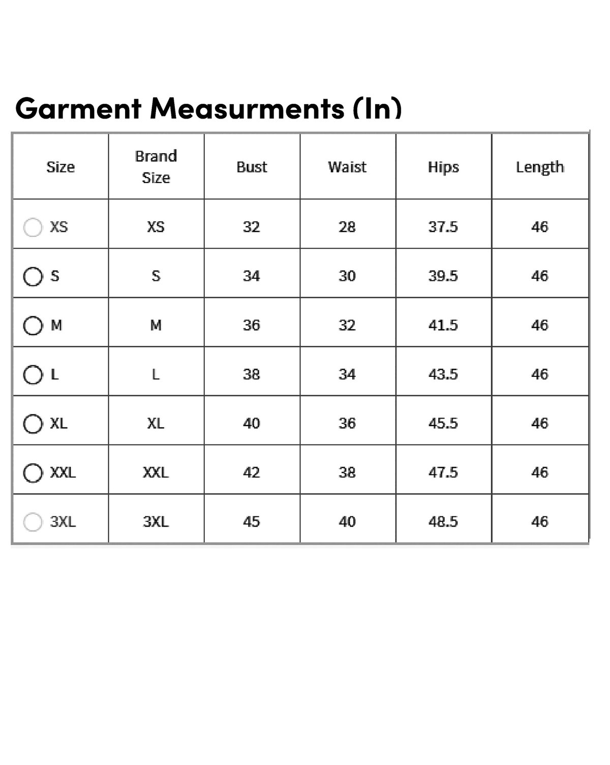 Women embroidered anarkali suit set size chart showing measurements for various sizes including bust and waist