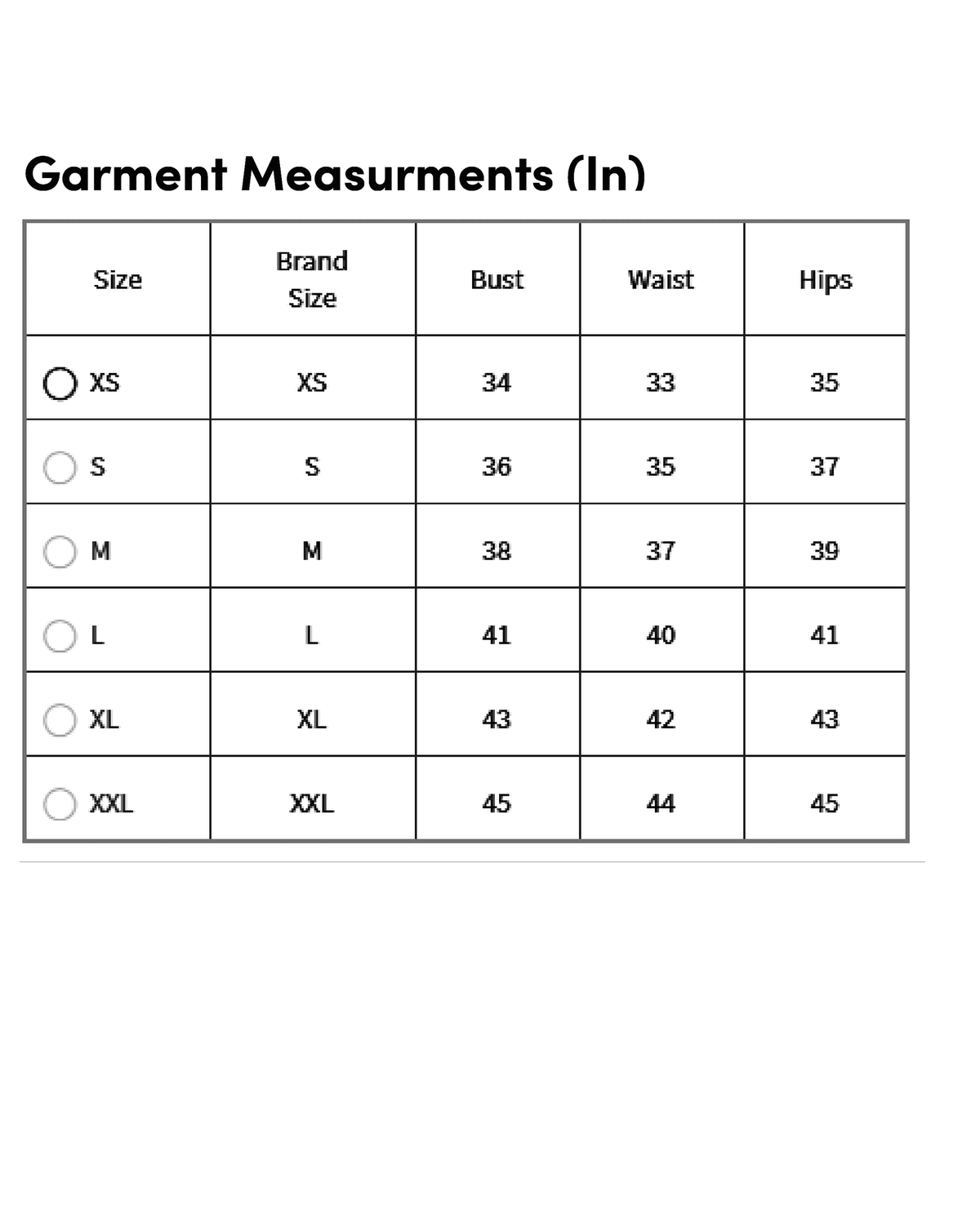 Garment size measurement chart for women's embroidery kurta set Canada including bust, waist, and hip sizes