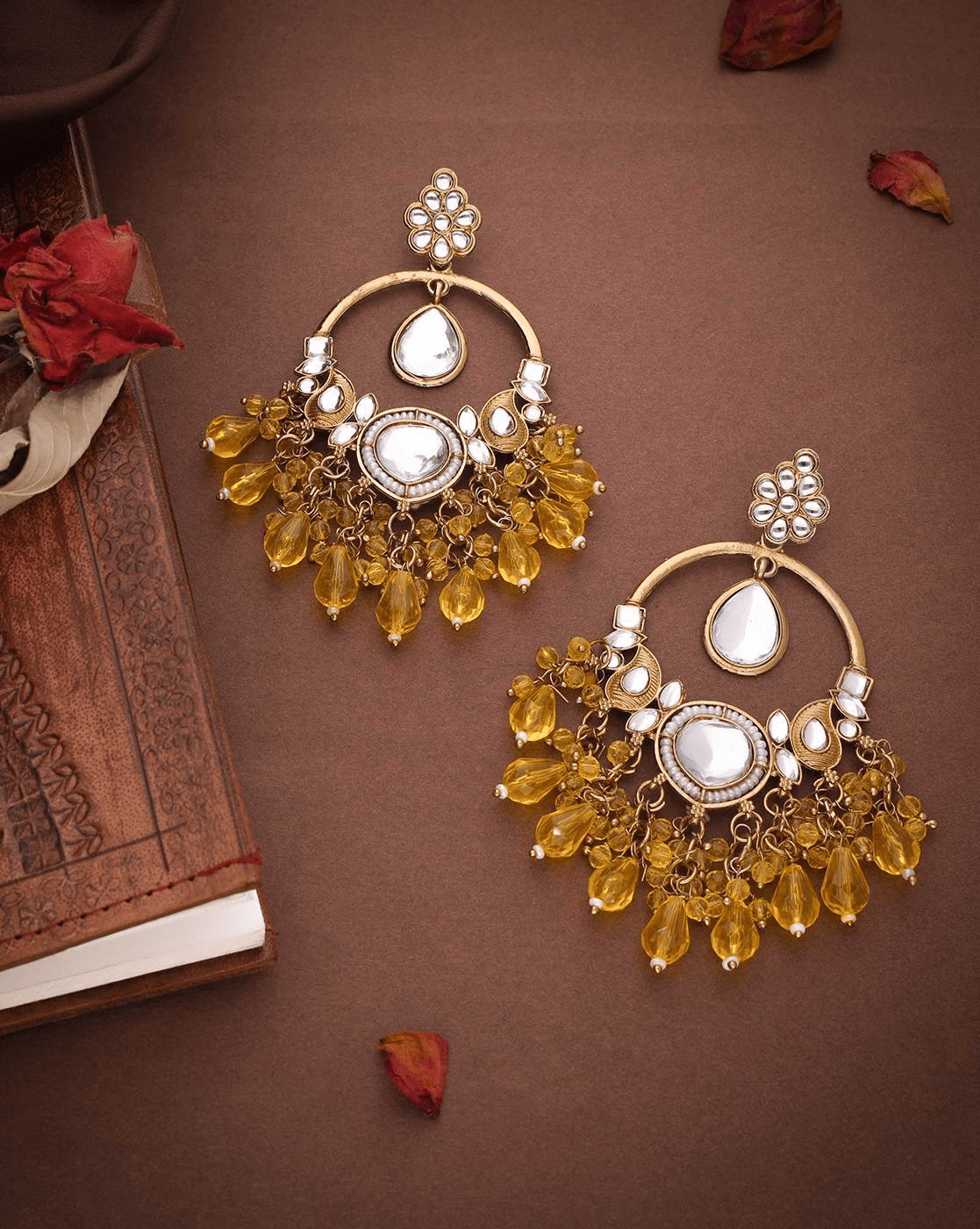 Women Gold - Plated Kundan - Studded Dangler Earrings - aromie