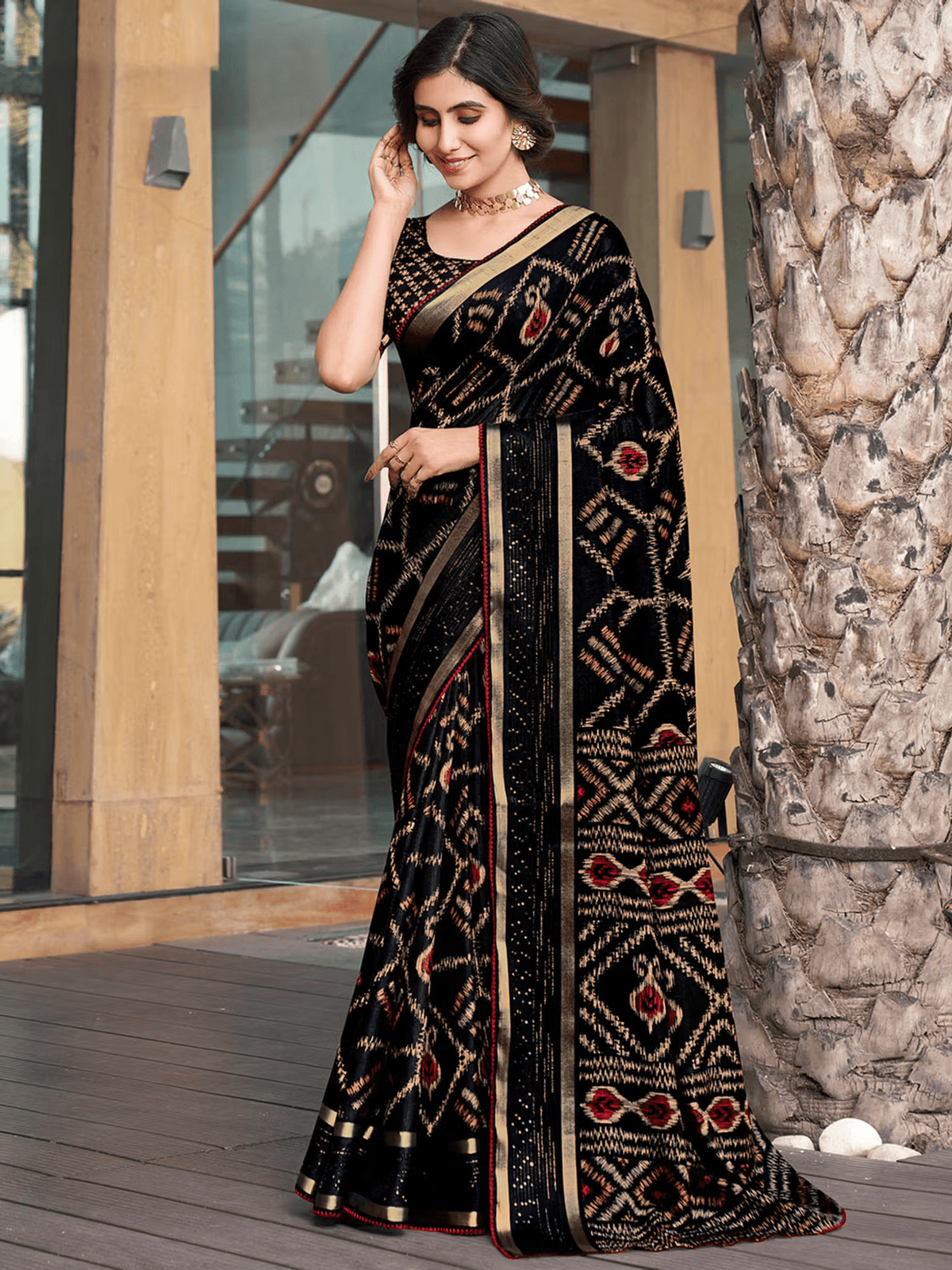 Women Ikat Zari Border Printed Saree with Unstitched Blouse | Traditional Saree for Weddings & Festivals - aromie