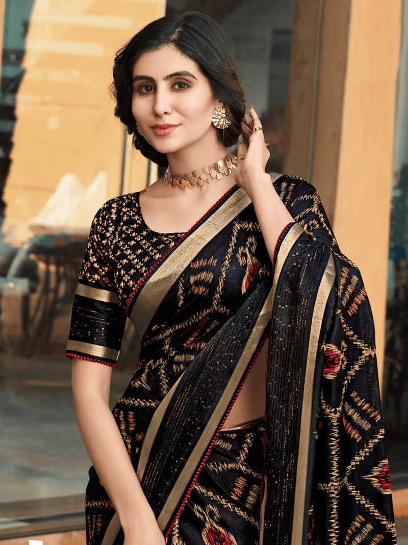 Women Ikat Zari Border Printed Saree with Unstitched Blouse | Traditional Saree for Weddings & Festivals - aromie