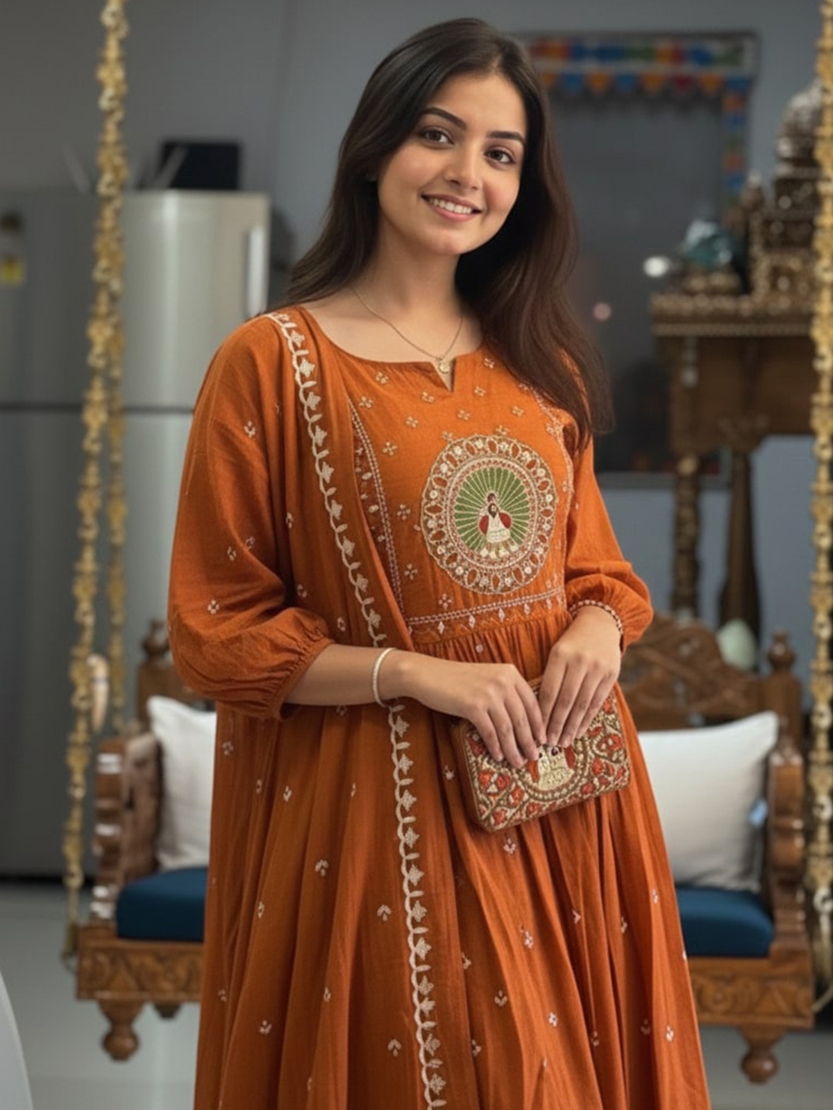Elegant women printed kurta set Canada in orange with intricate embroidery and comfortable fit