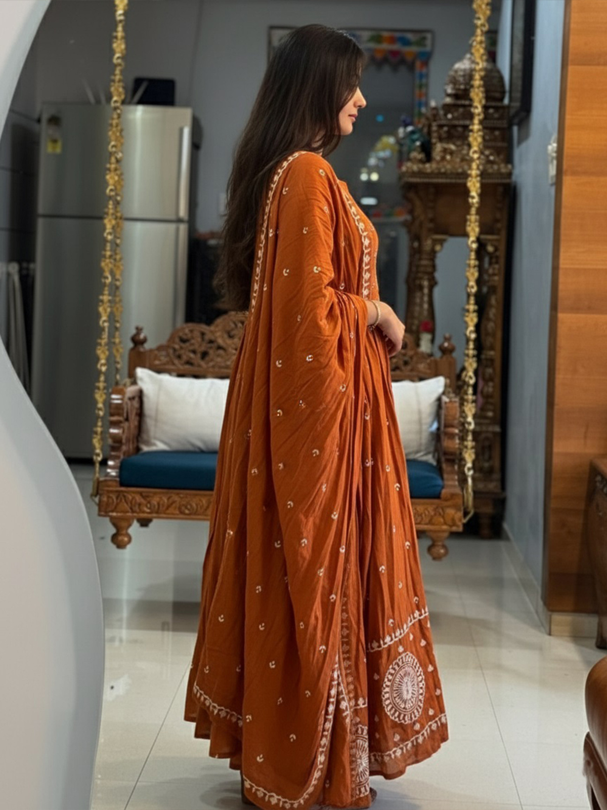 Aromie women's printed kurta set Canada in vibrant orange with intricate designs, perfect for festive occasions