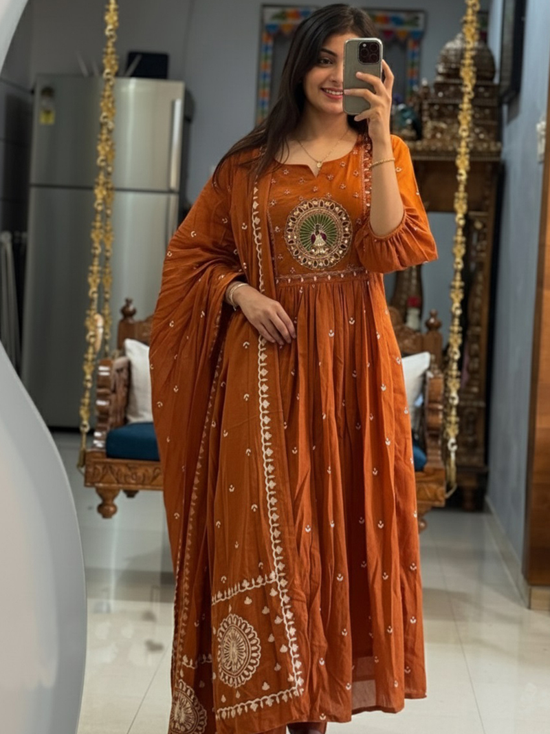 Aromie women printed kurta set Canada in terracotta orange with intricate embroidery details