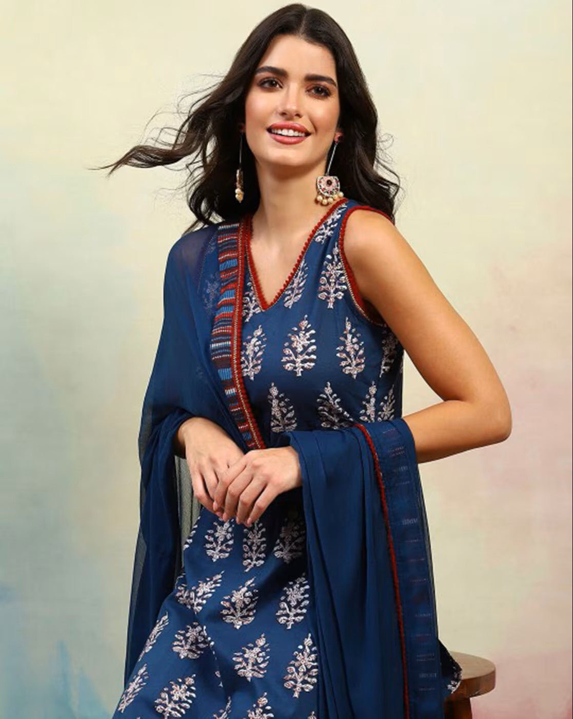 Women Printed Straight Kurta Set with Cotton Pants & Mulmul Dupatta – Comfortable Party Wear - aromie