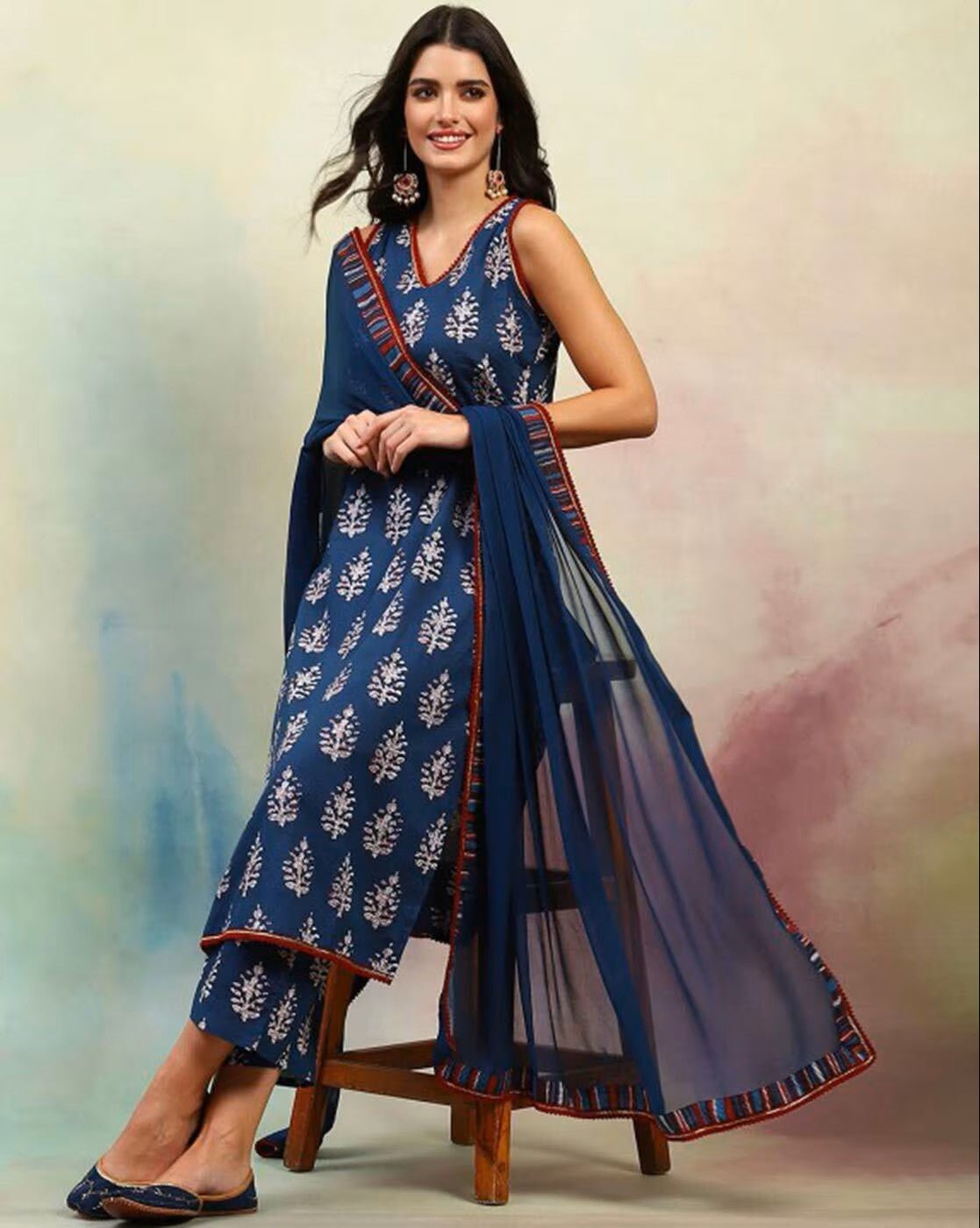 Women Printed Straight Kurta Set with Cotton Pants & Mulmul Dupatta – Comfortable Party Wear - aromie