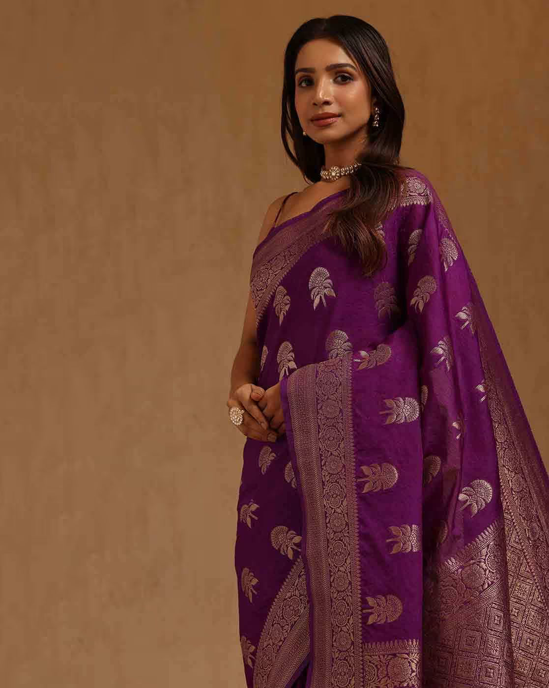 Front view of a purple women sequin saree with intricate design, perfect for weddings in Canada.