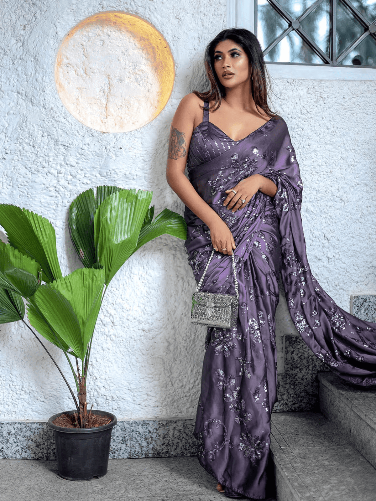 Women Sequin Saree with Unstitched Blouse - aromie